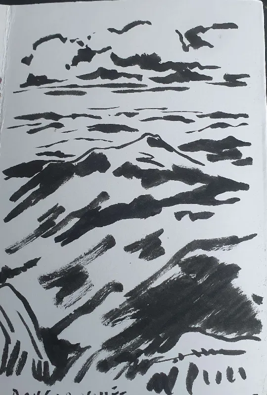 black and white sketch of mountainous landscape