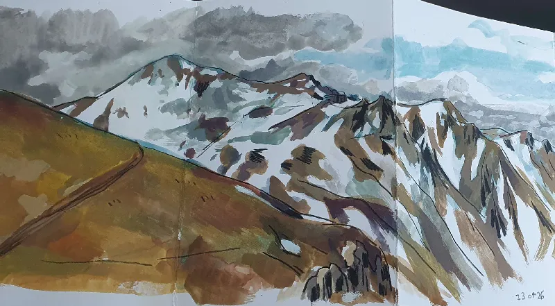 gouache of a mountain landscape with patched of yellow grass poking up through the leftover of winter snow