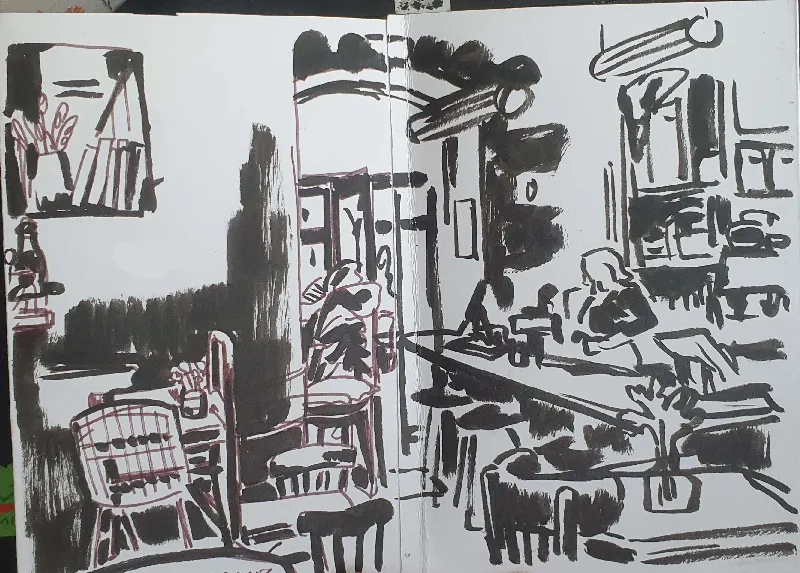 inky sketch of a cafe