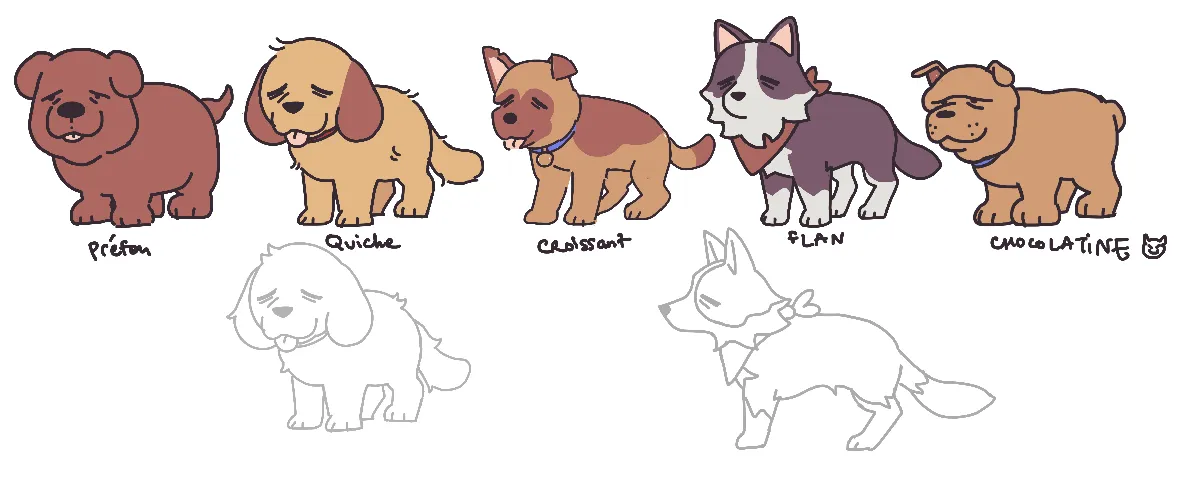line up of the 5 stardew valleu dog redesigned more cartoon like
