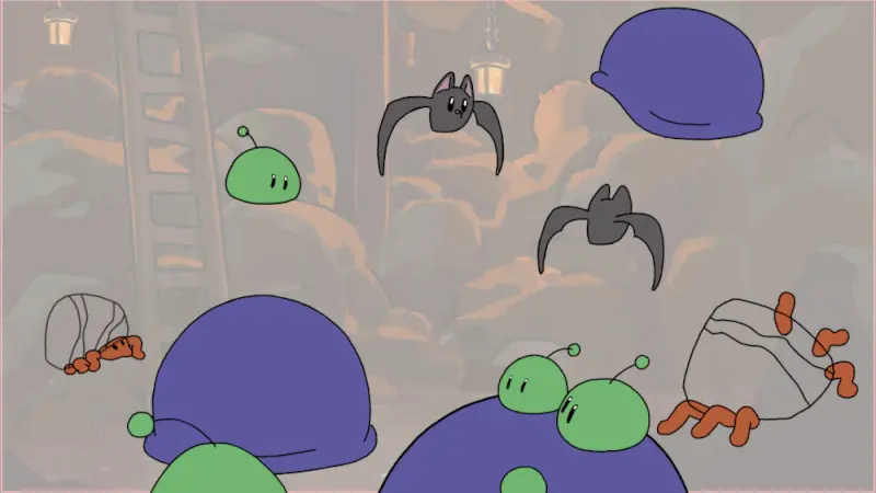 the blob, bat and crabs from stardewvalley's cave animated