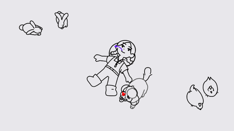 2D animation of the girl lying in grass next to her dog and them sitting up to look at her livestock